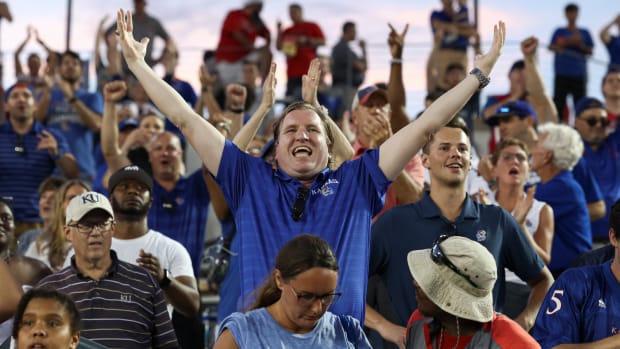 Sep 17, 2022; Houston, Texas, USA; Kansas Jayhawks fans celebrate in the final moments of the game against the Houston Cougars at TDECU Stadium.