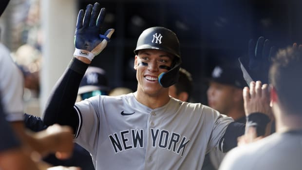 New York Yankees OF Aaron Judge smiles celebrating home run