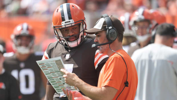 Sep 18, 2022; Cleveland, Ohio, USA; Cleveland Browns quarterback Jacoby Brissett (7) talks with head coach Kevin Stefanski during the first half against the New York Jets at FirstEnergy Stadium. Mandatory Credit: Ken Blaze-USA TODAY Sports
