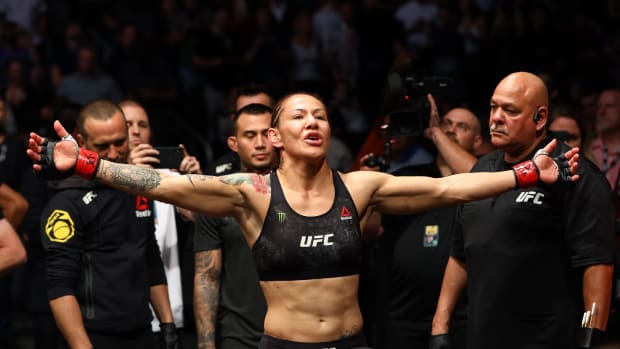 Cris Cyborg is introduced before fighting Felicia Spencer during UFC 240 at Rogers Place.