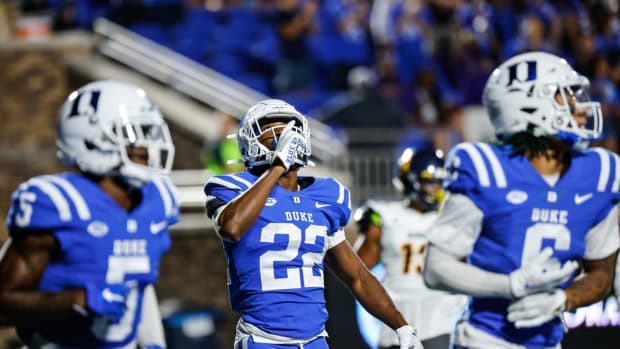 Sep 17, 2022; Durham, North Carolina, USA; Duke Blue Devils running back Jaylen Coleman (22) celebrates after a touchdown against the North Carolina A&amp;T Aggies during second half at Wallace Wade Stadium. Mandatory Credit: Jaylynn Nash-USA TODAY Sports