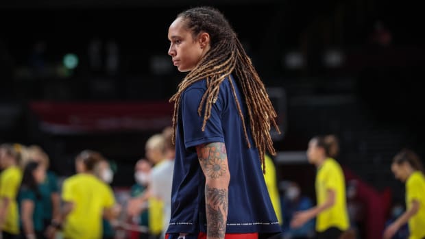American basketball player Brittney Griner looks on before the women’s quarterfinal game between the United States and Australia at the Tokyo 2020 Olympics.
