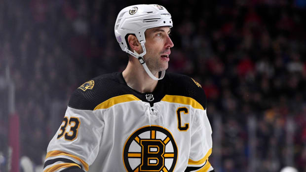 Boston Bruins defenseman Zdeno Chara (33) takes a breather during the third period of the game against the Montreal Canadiens.