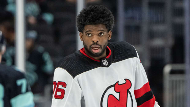New Jersey Devils defenseman Subban (76) is pictured before game against the Seattle Kraken on April, 16, 2022.