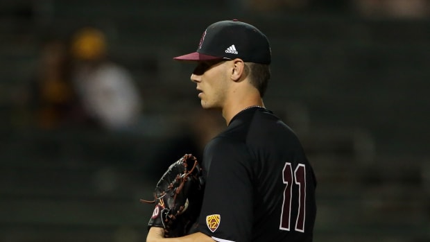 SF Giants pitching prospect RJ Dabovich looks towards the plate while he was playing for Arizona State.