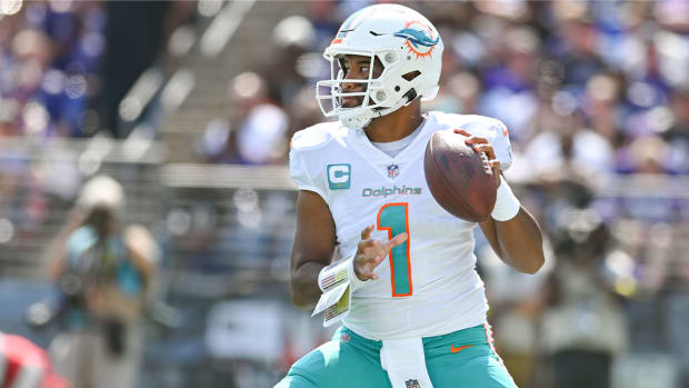 Sep 18, 2022; Baltimore, Maryland, USA; Miami Dolphins quarterback Tua Tagovailoa (1) drops back to pass during the first half against the Baltimore Ravens at M&T Bank Stadium.