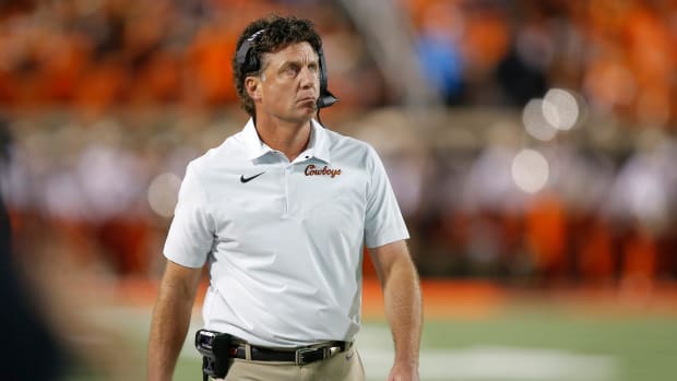 Oklahoma State coach Mike Gundy during a college football game between the Oklahoma State Cowboys (OSU) and the Arizona State Sun Devils at Boone Pickens Stadium in Stillwater, Okla., Saturday, Sept. 10, 2022.