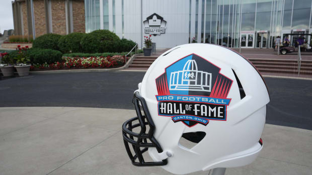 A Pro Football Hall of Fame helmet sits outside the Pro Football all of Fame in Canton, Ohio.