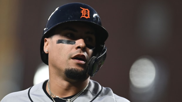 Detroit Tigers shortstop Baez (28) reacts after scoring during the first inning against the Baltimore Orioles on Sept. 19, 2022.