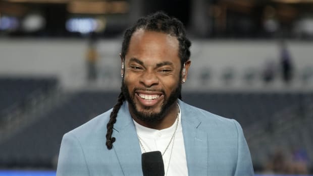 Richard Sherman on the Amazon Prime Thursday Night Football set before the game between the Los Angeles Rams and the Houston Texans at SoFi Stadium.