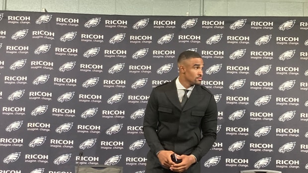 Jalen Hurts takes a seat in in the interview room following a strong game in a win over the Vikings in the 2022 home opener