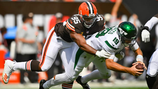 Cleveland Browns defensive end Myles Garrett (95) sacks New York Jets quarterback Joe Flacco (19) during the first half of an NFL football game, Sunday, Sept. 18, 2022, in Cleveland.