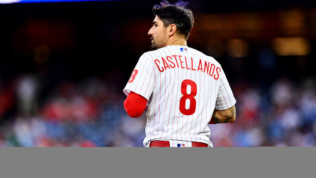 Jun 10, 2022; Philadelphia, Pennsylvania, USA; Philadelphia Phillies designated hitter Nick Castellanos (8) looks on against the Arizona Diamondbacks after second inning at Citizens Bank Park.