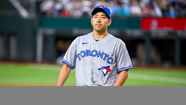 Sep 11, 2022; Arlington, Texas, USA; Toronto Blue Jays starting pitcher Yusei Kikuchi (16) in action during the game between the Texas Rangers and the Toronto Blue Jays at Globe Life Field.