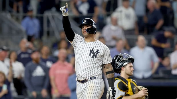 New York Yankees 2B Gleyber Torres points to crowd after home run