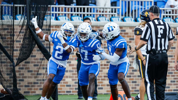 Sep 17, 2022; Durham, North Carolina, USA; Duke Blue Devils wide receiver Luca Diamont (2) celebrates with defensive back Da'Quan Johnson (17) and wide receiver Jontavis Robertson (1) after a touchdown against North Carolina A&T during the first half at Wallace Wade Stadium.