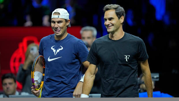Rafael Nadal and Roger Federer at a Laver Cup training session