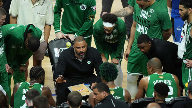 Celtics coach Ime Udoka talks to his team before the start of the second half against the Warriors in Game 2 of the 2022 NBA Finals.