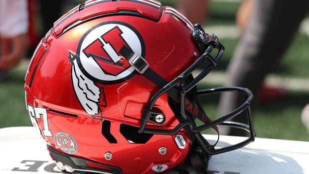 A general view of the football helmet worn by the Utah Utes against the Southern Utah Thunderbirds at Rice-Eccles Stadium.