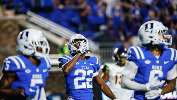 Sep 17, 2022; Durham, North Carolina, USA; Duke Blue Devils running back Jaylen Coleman (22) celebrates after a touchdown against the North Carolina A&T Aggies during second half at Wallace Wade Stadium. Mandatory Credit: Jaylynn Nash-USA TODAY Sports