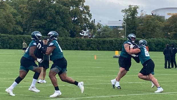 Eagles offensive linemen practice in preparation for a Week 3 matchup vs. the Washington Commanders in Landover, Md.