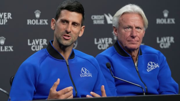 Serbia’s Novak Djokovic, left, and Captain Bjorn Borg attend a press conference ahead of the Laver Cup tennis tournament at the O2 in London, Thursday, Sept. 22, 2022. (AP Photo/Kin Cheung)