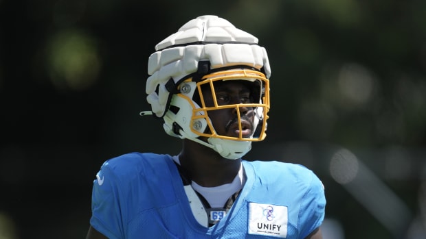 Aug 18, 2022; Costa Mesa, CA, USA; Los Angeles Chargers defensive tackle Sebastian Joseph-Day (69) wears a Guardian helmet cap during joint practice against the Los Angeles Chargers at Jack Hammett Sports Complex. Mandatory Credit: Kirby Lee-USA TODAY Sports