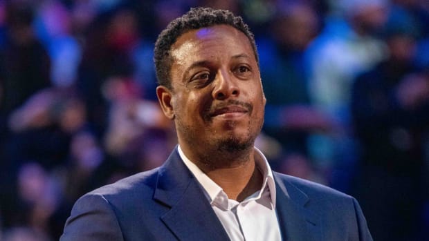 NBA great Paul Pierce is honored for being selected to the NBA 75th Anniversary Team on Feb. 20, 2022.