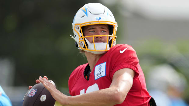 Aug 1, 2022; Costa Mesa, CA, USA; Los Angeles Chargers quarterback Justin Herbert (10) throws the ball during training camp at the Jack Hammett Sports Complex. Mandatory Credit: Kirby Lee-USA TODAY Sports