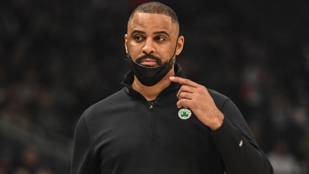 Celtics head coach Ime Udoka watches game action in the first quarter during game against the Bucks.