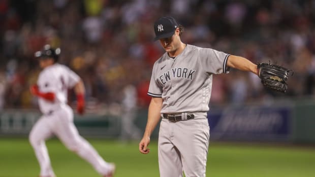New York Yankees SP Gerrit Cole reacts to giving up home run