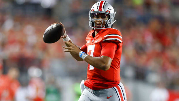 Ohio State quarterback C.J. Stroud OR looks for a receiver during the second half of the team's NCAA college football game against Toledo on Saturday, Sept. 17, 2022, in Columbus, Ohio. (AP Photo/Jay LaPrete)