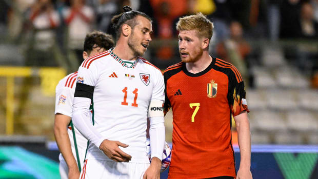 Kevin De Bruyne (no.7) and Gareth Bale (no.11) pictured during a UEFA Nations League game between Belgium and Wales in September 2022
