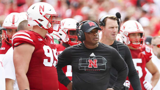 Sep 17, 2022; Lincoln, Nebraska, USA; Nebraska Cornhuskers interim head coach Mickey Joseph looks on during the first half against the Oklahoma Sooners at Memorial Stadium.