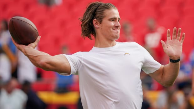 Sep 15, 2022; Kansas City, Missouri, USA; Los Angeles Chargers quarterback Justin Herbert (10) warms up against the Kansas City Chiefs prior to the game at GEHA Field at Arrowhead Stadium. Mandatory Credit: Denny Medley-USA TODAY Sports