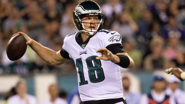 Aug 22, 2019; Philadelphia, PA, USA; Philadelphia Eagles quarterback Josh McCown (18) throws a pass against the Baltimore Ravens during the second quarter at Lincoln Financial Field. Mandatory Credit: Bill Streicher-USA TODAY Sports