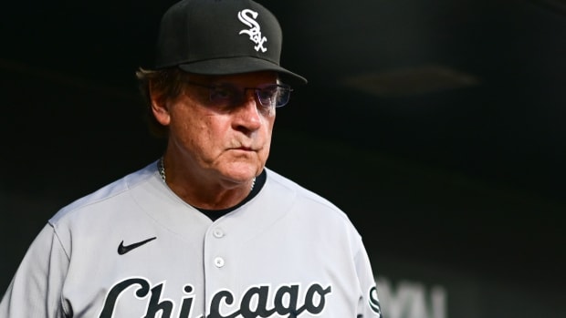 Aug 23, 2022; Baltimore, Maryland, USA; Chicago White Sox manager Tony La Russa (22) looks onto the field from dugout during the second inning against the Baltimore Orioles at Oriole Park at Camden Yards. Mandatory Credit: Tommy Gilligan-USA TODAY Sports