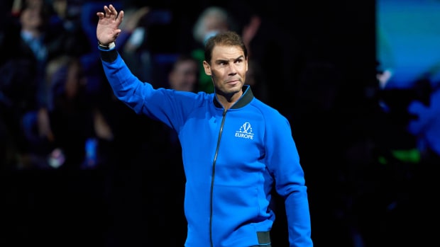 Rafael Nadal (ESP) of Team Europe arrives on court for the opening of the Laver Cup tennis event.