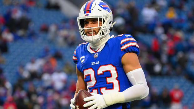 Bills safety Micah Hyde holds a ball in a game vs. the New York Jets.