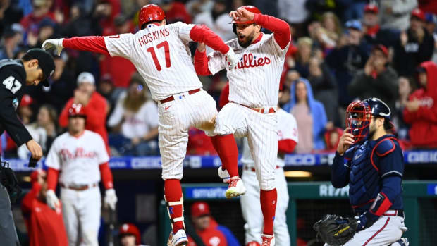 Sep 23, 2022; Philadelphia, Pennsylvania, USA; Philadelphia Phillies first baseman Rhys Hoskins (17) celebrates with outfielder Kyle Schwarber (12) after hitting a two-run home run against the Atlanta Braves in the fourth innin at Citizens Bank Park. Mandatory Credit: Kyle Ross-USA TODAY Sports