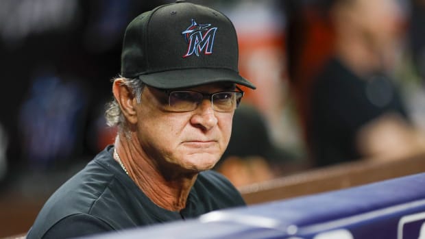 Marlins manager Don Mattingly looks on during a game in 2022.