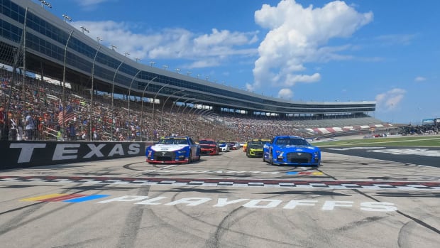 Brad Keselowski and Joey Logano lead the field on a pace lap prior to the start of Sunday's NASCAR Cup Series Auto Trader EchoPark Automotive 500 at Texas Motor Speedway. (Photo by Jonathan Bachman/Getty Images)