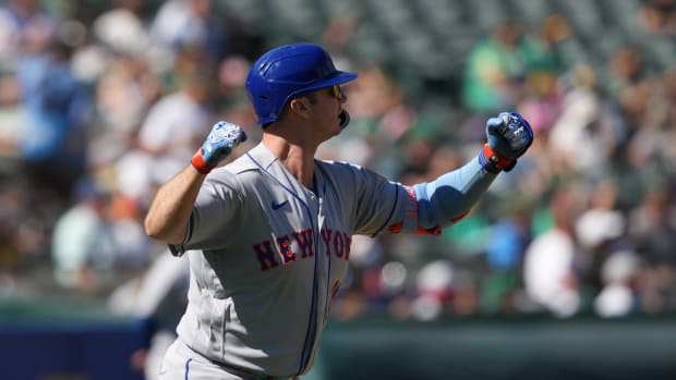 Sep 25, 2022; Oakland, California, USA; New York Mets designated hitter Pete Alonso (20) gestures after hitting a home run against the Oakland Athletics during the fourth inning at RingCentral Coliseum.