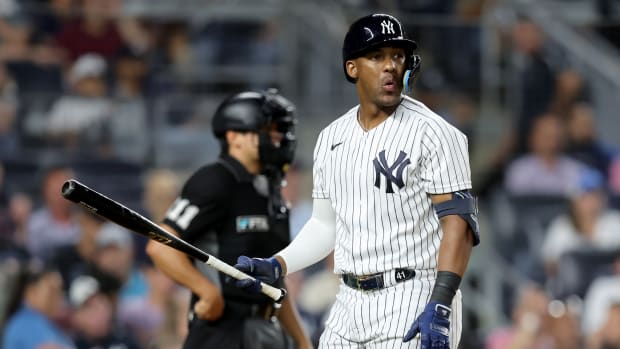 New York Yankees OF Miguel Andújar reacts to strikeout