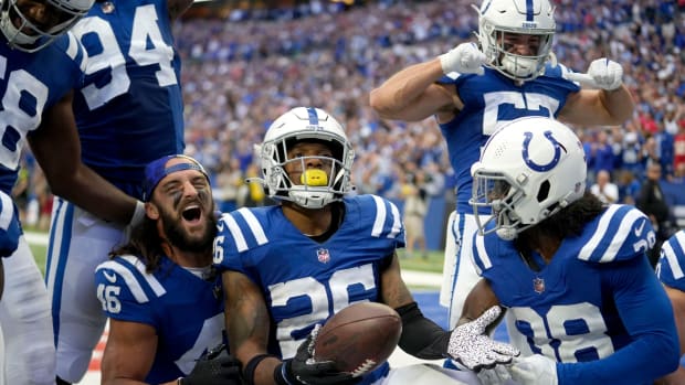 Indianapolis Colts players celebrate Sunday, Sept. 25, 2022, during a game against the Kansas City Chiefs at Lucas Oil Stadium in Indianapolis.