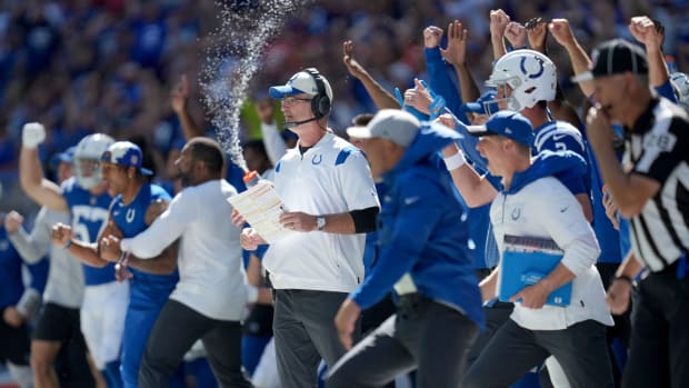 The Indianapolis Colts bench reacts after a play Sunday, Sept. 25, 2022, during a game against the Kansas City Chiefs at Lucas Oil Stadium in Indianapolis.