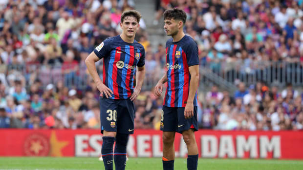Barcelona midfielders Gavi (left) and Pedri (right) pictured during a game against Elche in September 2022