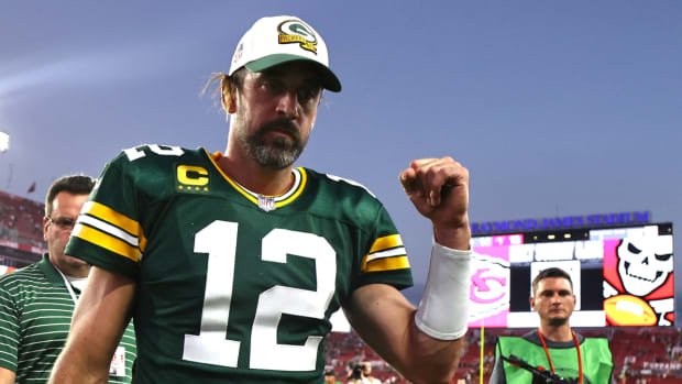 Green Bay Packers quarterback Aaron Rodgers (12) celebrates after they beat the Tampa Bay Buccaneers on Sept. 25, 2022.