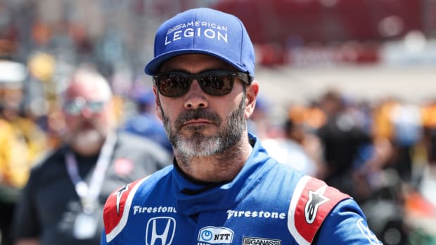 Jimmie Johnson looks on before the IndyCar Hy-Vee Salute To Farmers 300 at the Iowa Speedway in Newton, Iowa, on Sunday, July 24, 2022.