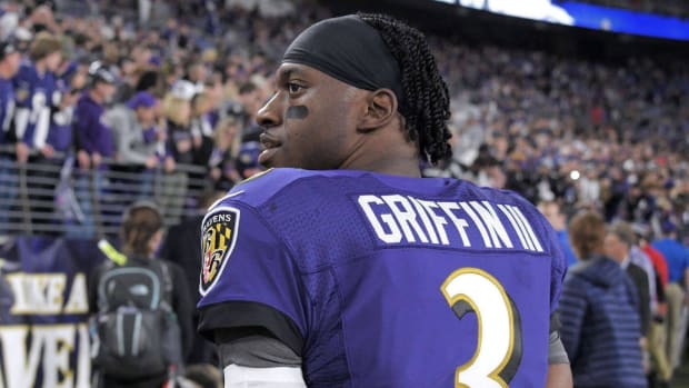 Ravens quarterback Robert Griffin III looks on before a divisional-round game playoff against the Tennessee Titans.